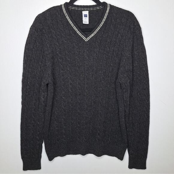 VTG GAP Cable Knit Sweater Mens Large Gray V Neck Cricket Tennis Y2K Preppy Ivy - Picture 1 of 7